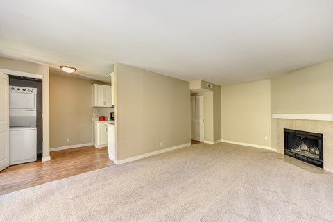 Vacant Kelsey and Mercer Floorplan Living and Dining Area with Fireplace & Stackable W/D Closet in Select Homes